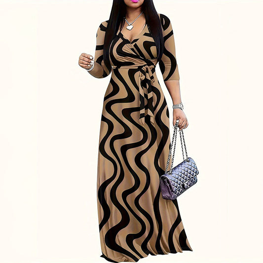 Women's V-Neck Elegant Half-Sleeve Belted Waist Print Maxi Dress For Spring&Summer Dress