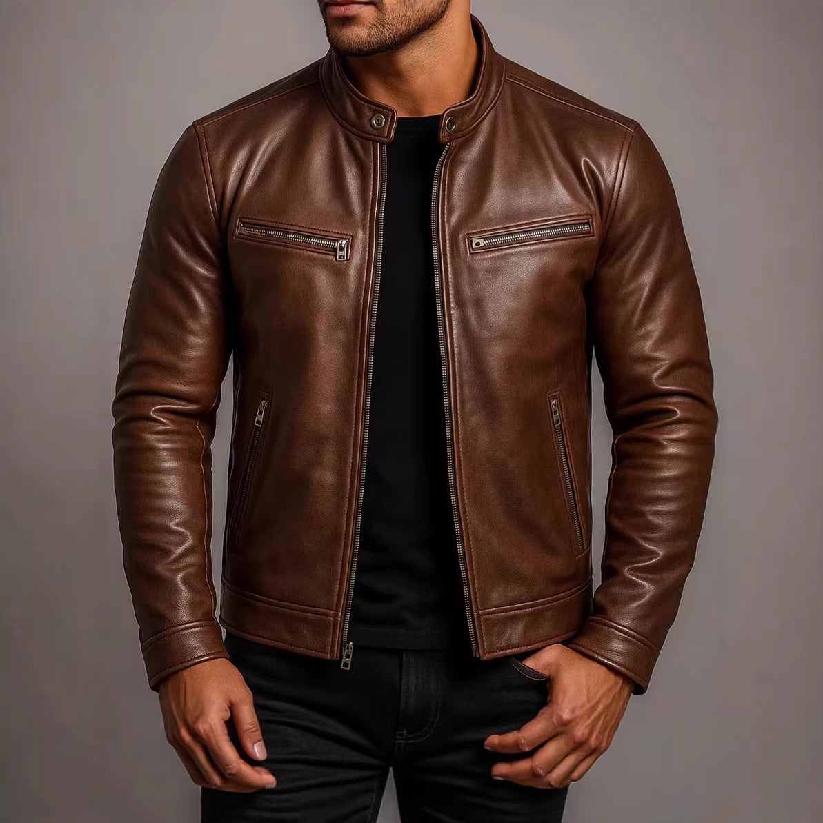 Leather Motorcycle Jacket With A Stand-Up Collar