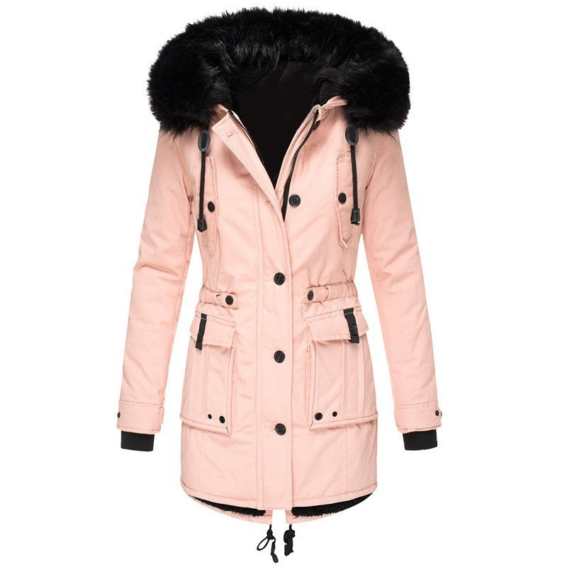 Thick Hooded Drawstring Mid-length Zipper Jacket