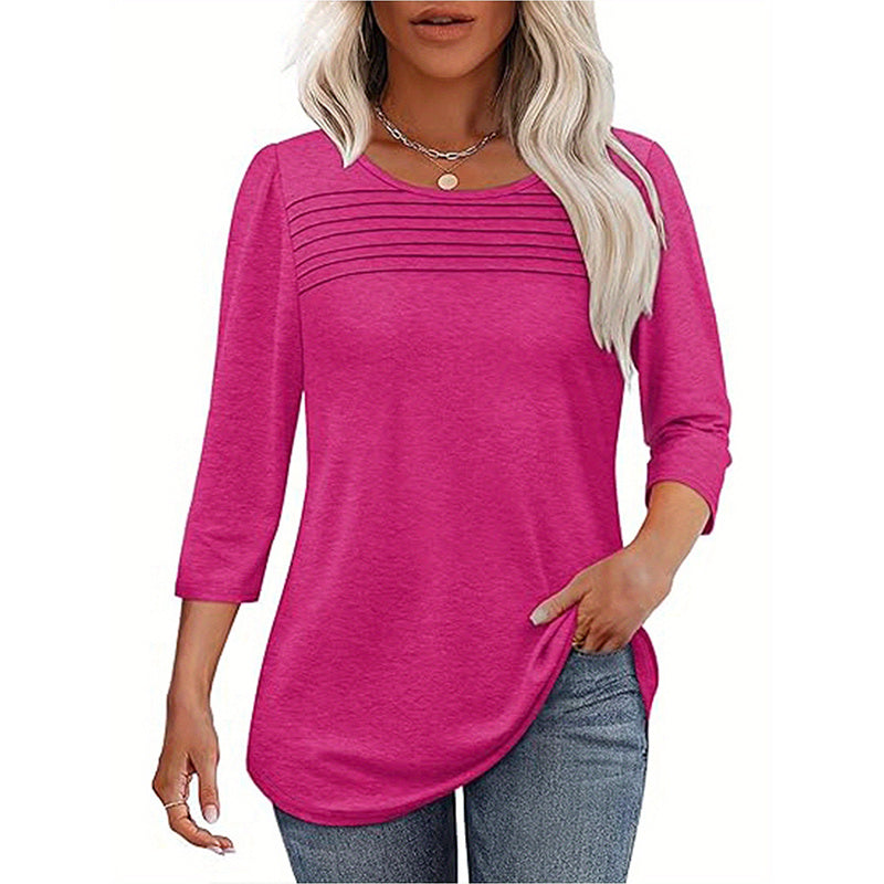Women's 3-Pack 3 4 Sleeve Tunic Tops, Round Neck Pleated Blouse, Dressy Casual Shirts For Spring Summer Fall
