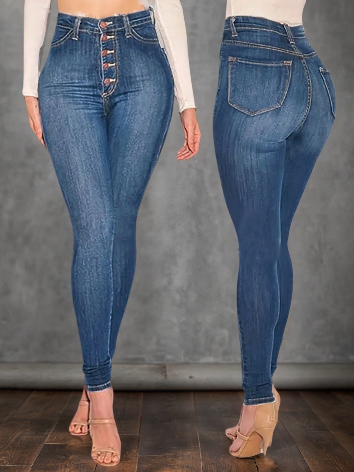 Mid Blue High Waisted Buckle Tight Jeans Are Comfortable To Wear. High Waist Design, Buckle Design Adds A Sense Of Fashion,