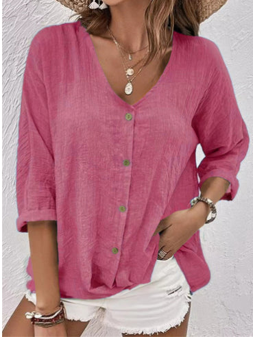 V-neck Long-sleeved T-shirt Fashion Solid Color Button Top Casual Loose