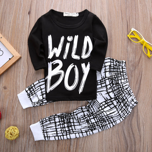 Boys Black Letter Top Check Pants Set