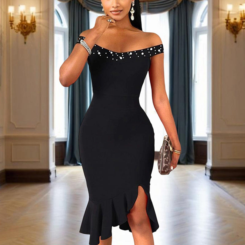 Women's Solid Color Beaded Off-Shoulder Bodycon Dress - Ruffle Hem & Slit Tight Midi Dress For Summer Parties