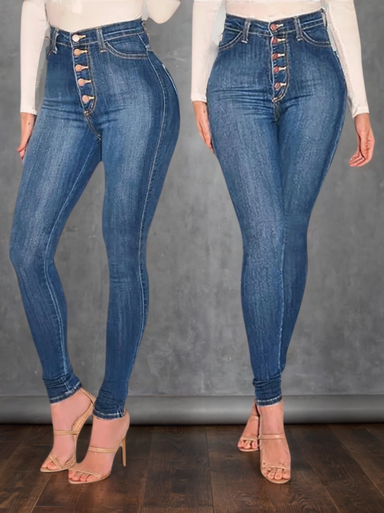 Mid Blue High Waisted Buckle Tight Jeans Are Comfortable To Wear. High Waist Design, Buckle Design Adds A Sense Of Fashion,