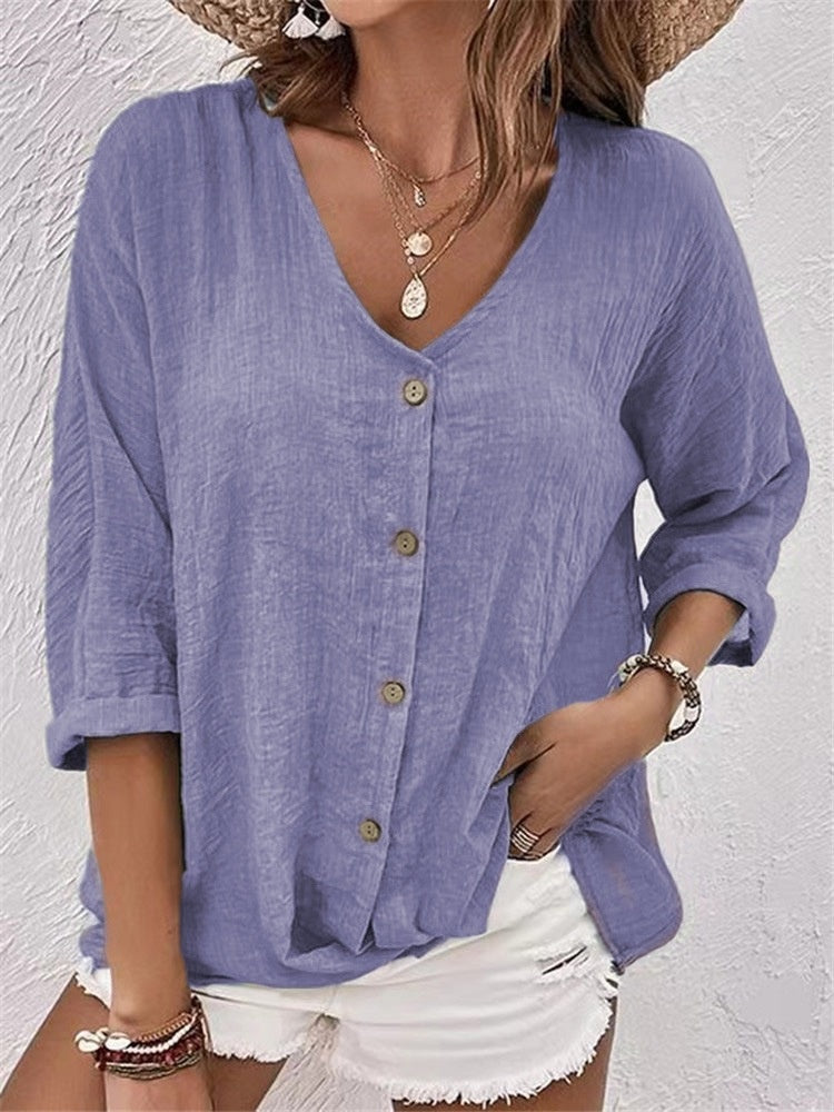 V-neck Long-sleeved T-shirt Fashion Solid Color Button Top Casual Loose