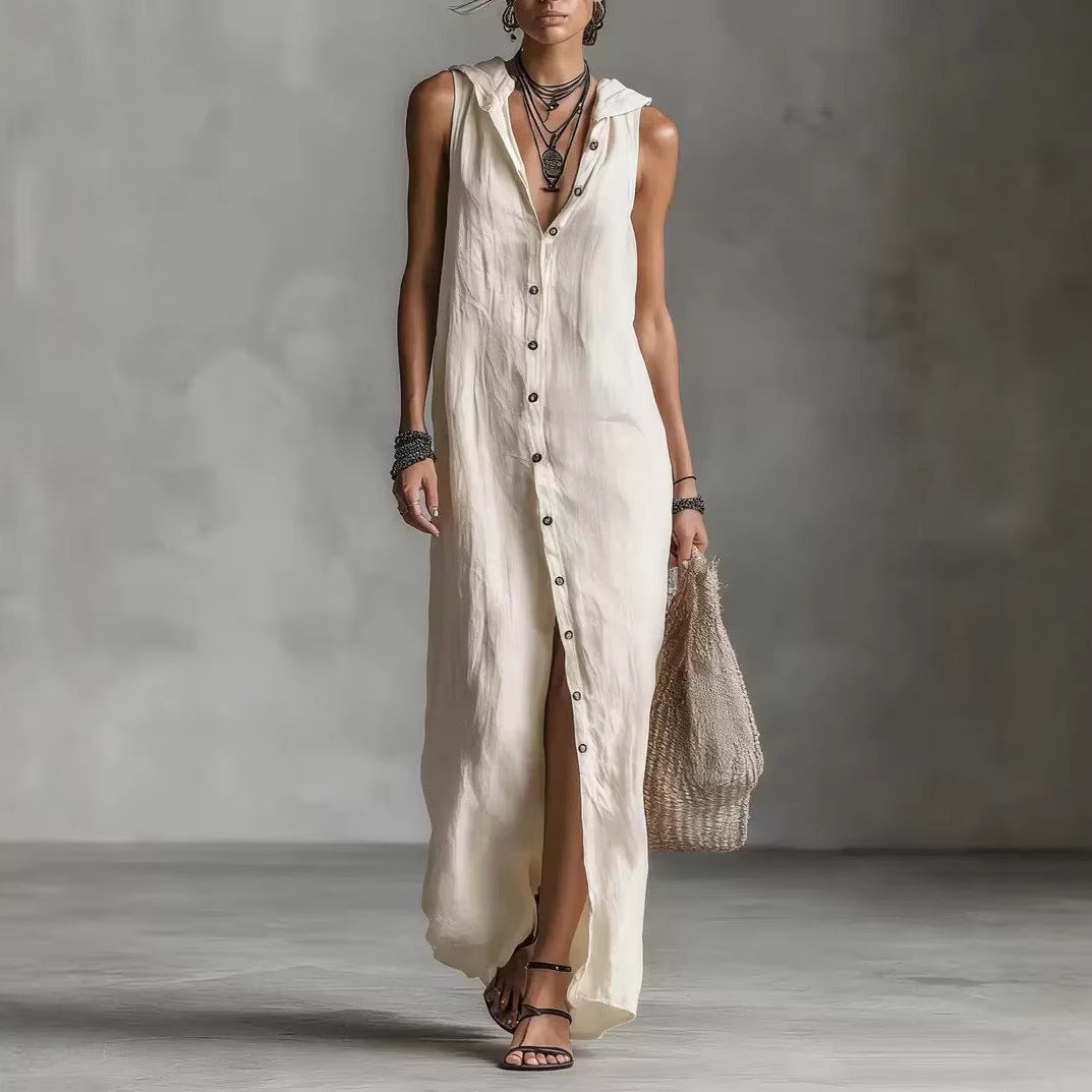 Sleeveless Hooded Maxi Dress With Button Placket
