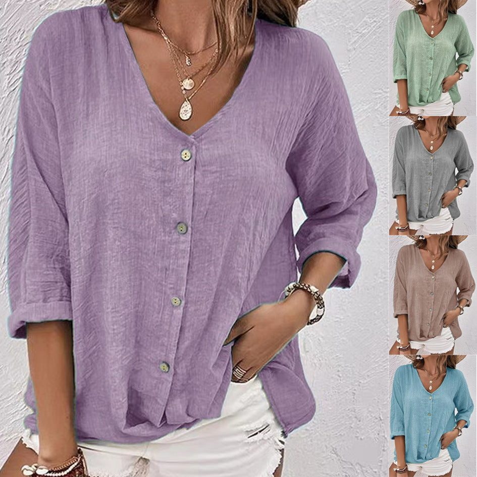 V-neck Long-sleeved T-shirt Fashion Solid Color Button Top Casual Loose