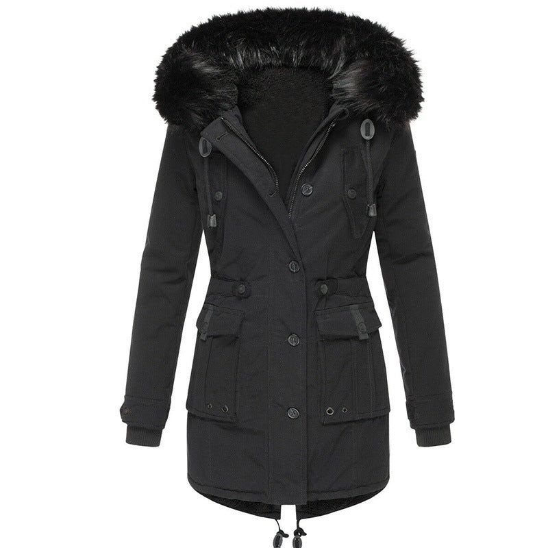 Thick Hooded Drawstring Mid-length Zipper Jacket