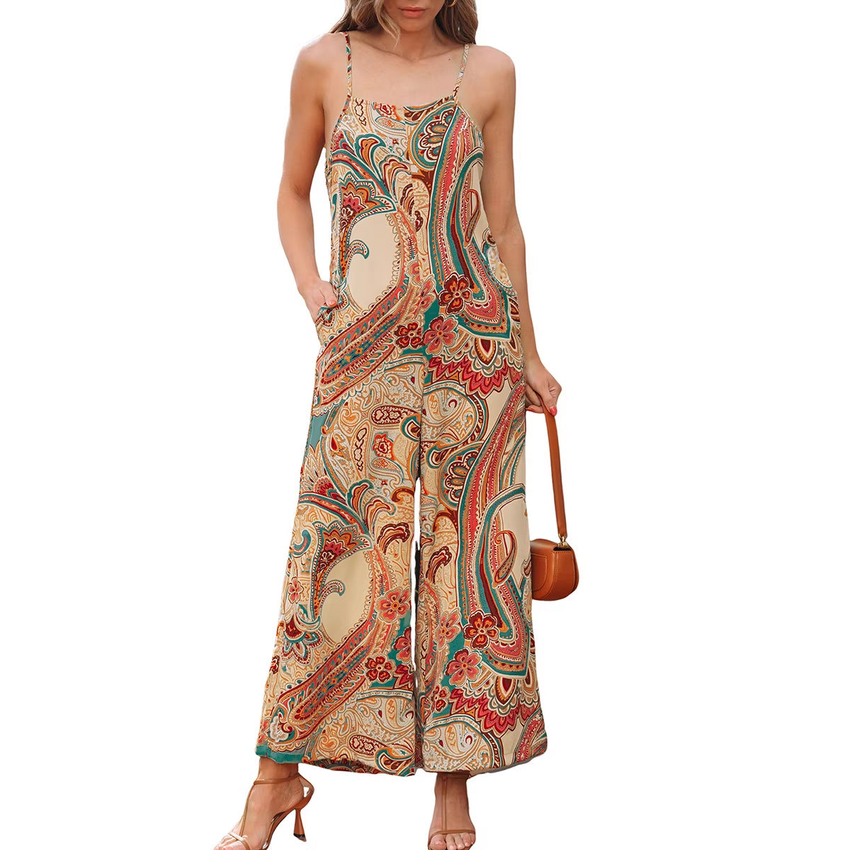 High-Waisted Suspender Pants Printed Jumpsuit With Multiple Pockets