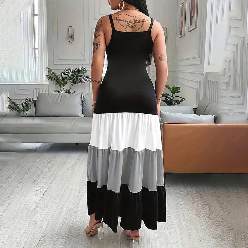 Women's Summer Casual Sleeveless V Neck Color Block Spaghetti Strap Maxi Long Dress
