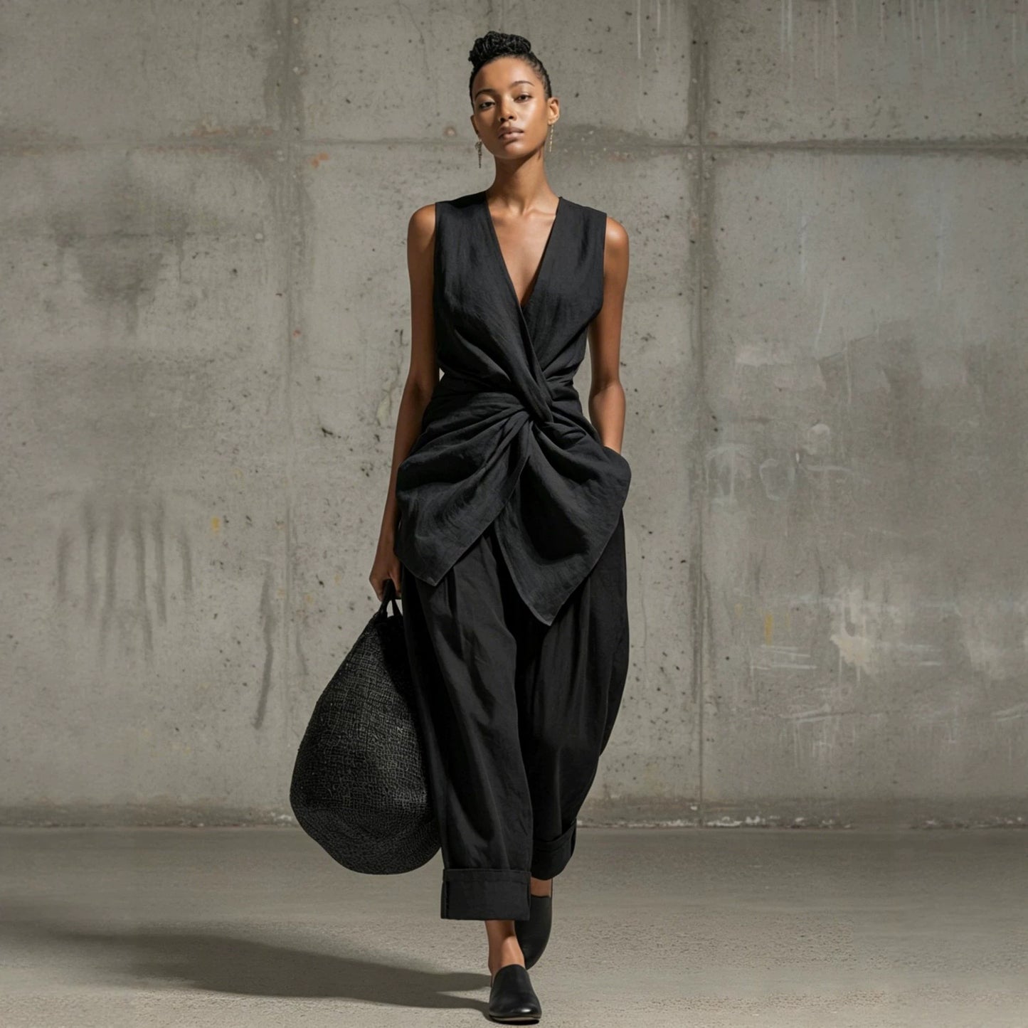 Tie-front V-neck Sleeveless Top Wide-leg Pantsuit