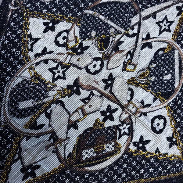 Black Flower Silk Feel Pleated Scarf With Rhinesto