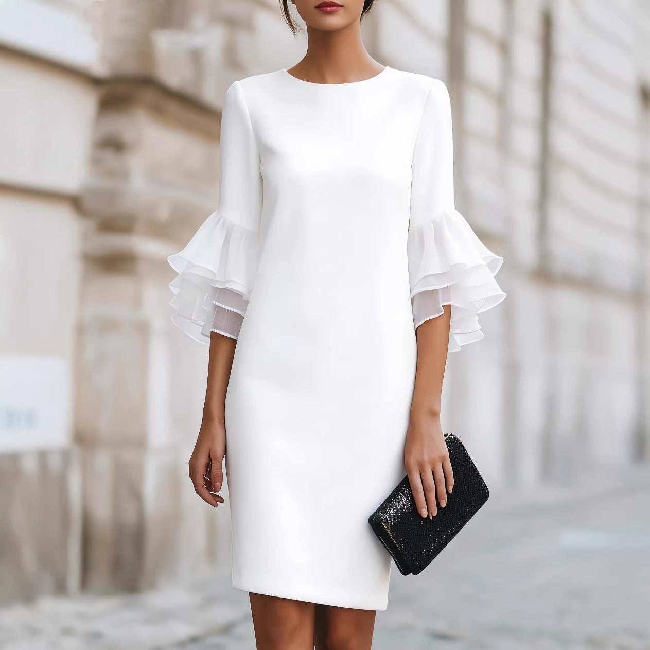 Solid-Colored Ruffle-Trim Flared-Sleeve Slim-Fit Dress