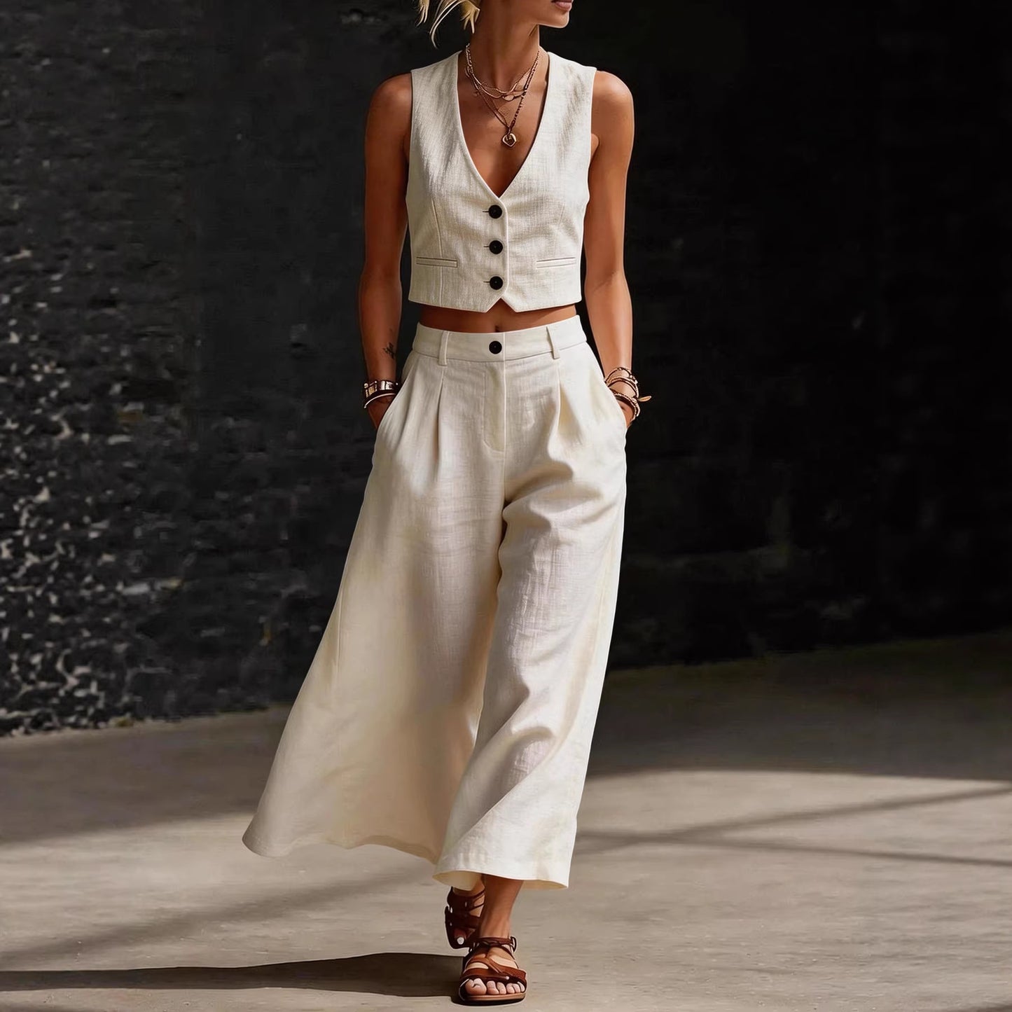 Short V-Neck Top And Wide-Leg Pants Set