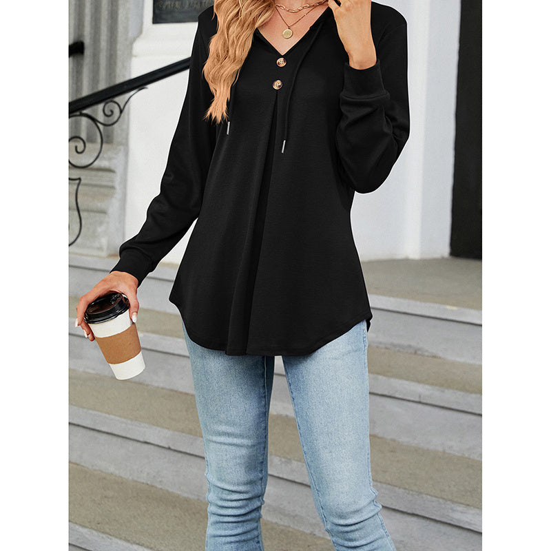 Women's Long Sleeve Hooded Tunic Tops Button Swing Pullover Hoodie Sweatshirts
