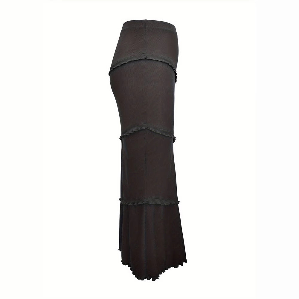 Solid-Color Multi-Layer Patchwork Ruffle-Trim Knitted Fishtail Skirt