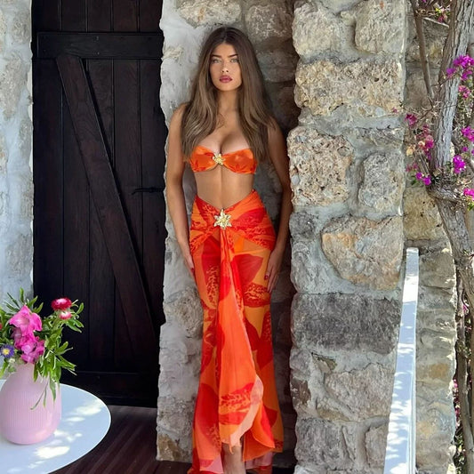 Starfish-Decorated Two-Piece Long Skirt  Bikini Three-Piece Set