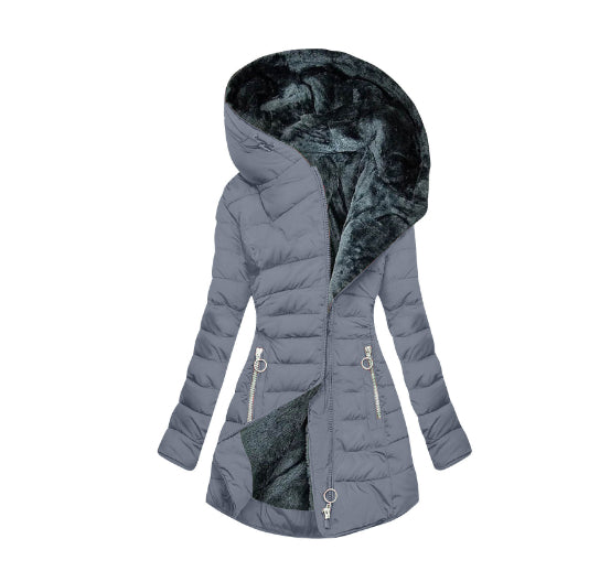 Plush Hooded Mid-length , Zipper Cotton-padded Coat