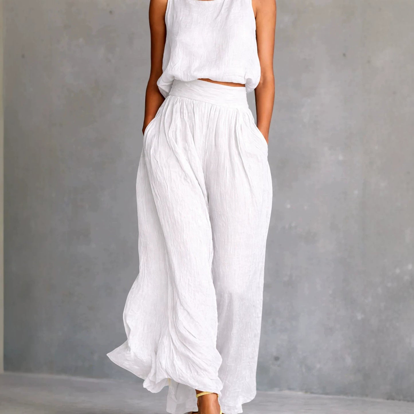 Sleeveless Loose Crew-Neck Top And Wide-Leg Pants Set