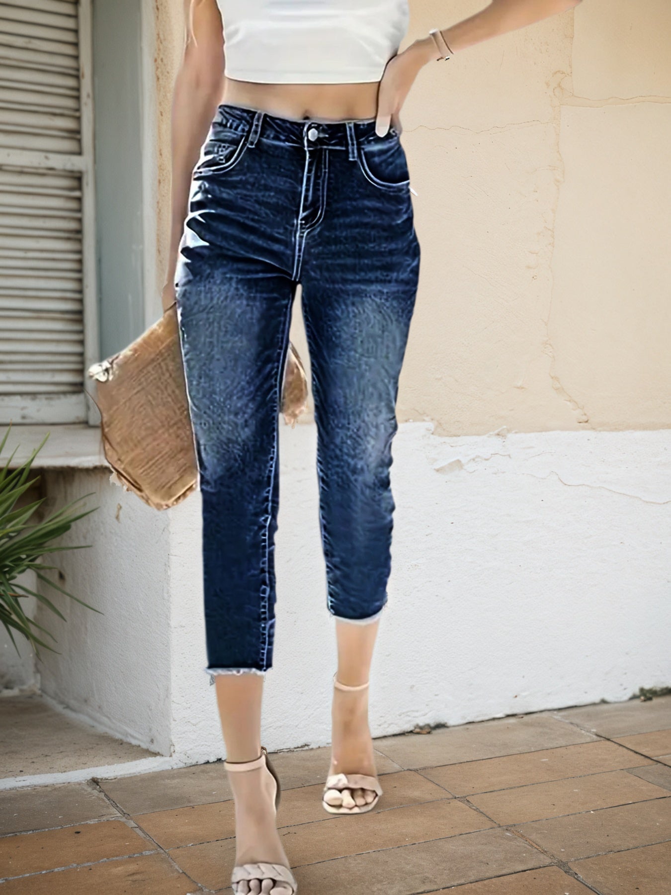 Stretch Slim Fit  High Stretch Frayed Edge Pocket Mid Waist Denim Seven Quarter Pants, Shallow Water Washed Blue Casual Elegant Versatile, Comfortable Fit, Durable C