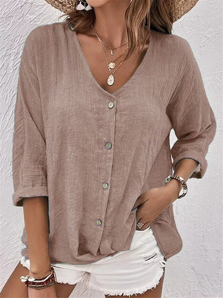 V-neck Long-sleeved T-shirt Fashion Solid Color Button Top Casual Loose