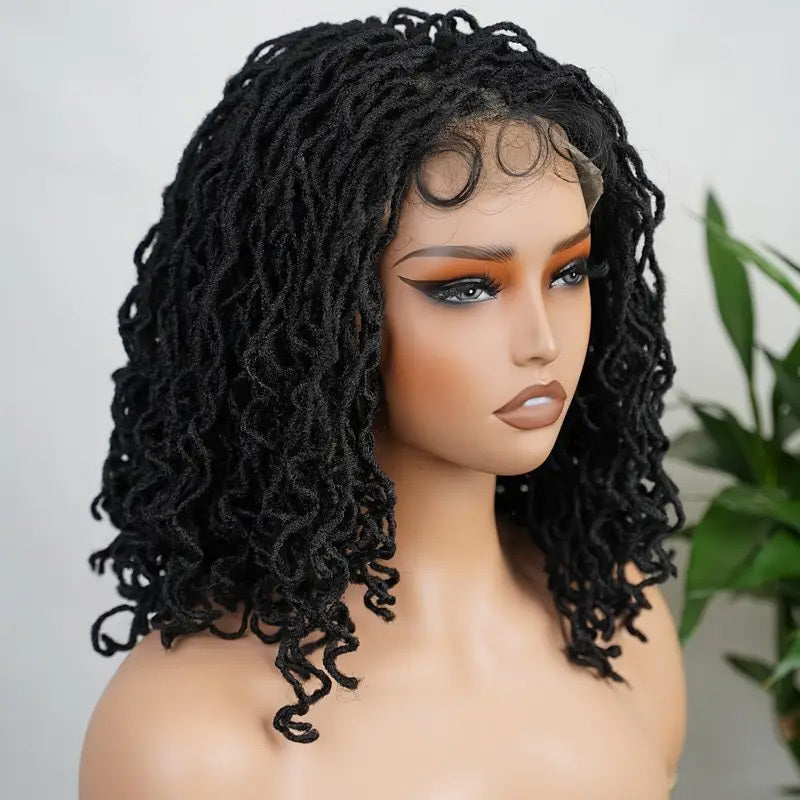 4x4 Lace Front Braided Wig Curly Mini Faux Locs Ombre Brown Ombre Blonde 14 Inch Shoulder Length Synthetic Lace Wig For Women