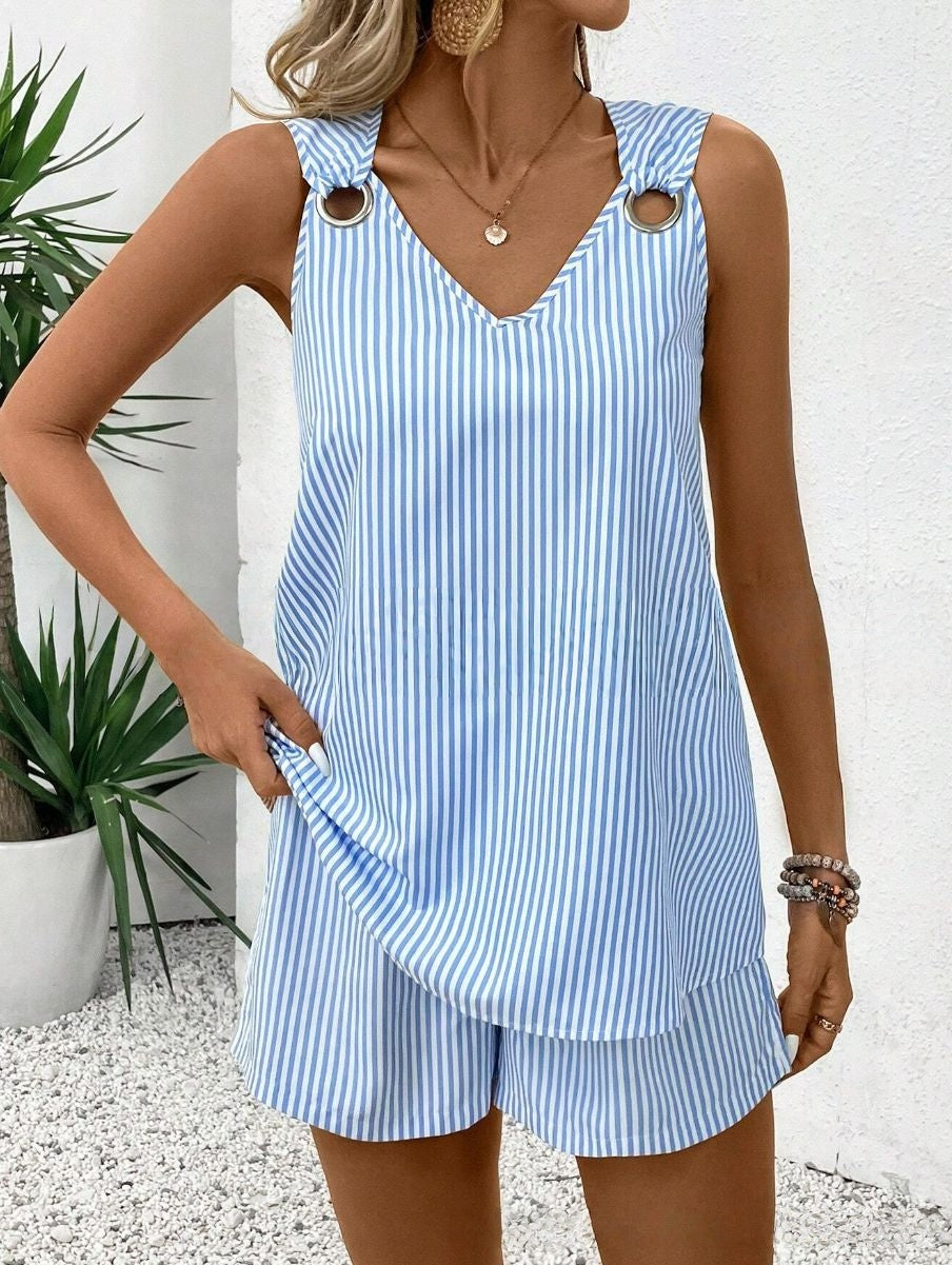 V-Neck Striped Casual Skirt Set