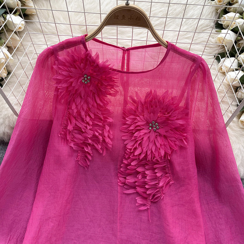 Women's Elegant Floral Applique Pullover Round Neck Long Sleeve Semi-Sheer Top Spring Summer Fashion Shirt