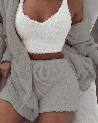 Long Sleeve Crop Tank Top And Drawstring Shorts Pajama Set