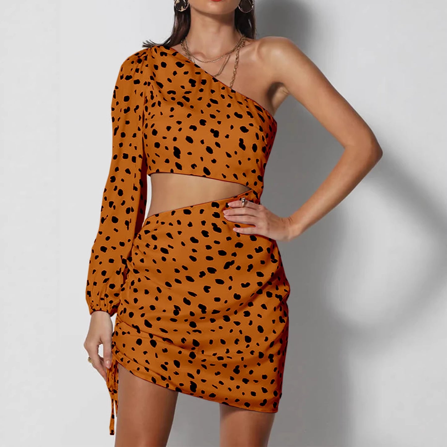 Off-Shoulder One-Sleeve Leopard-Print Hollow-Out Waist Bodycon Dress