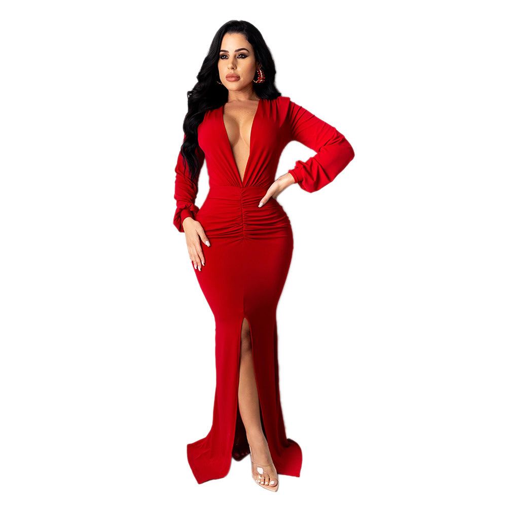 Large V-neck Slim-fit Nightclub Evening Dress