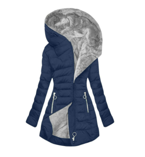 Plush Hooded Mid-length , Zipper Cotton-padded Coat