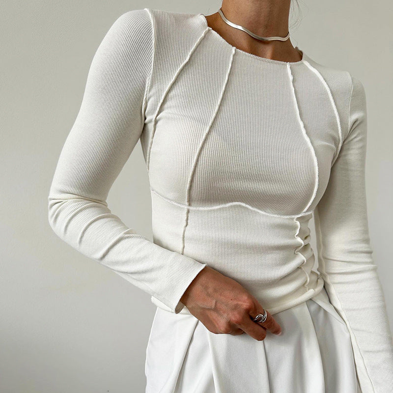 Slim Long Sleeve T-shirt Fashion Solid Color Split Thread Knitted Top
