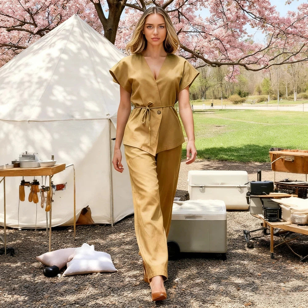 Casual Vest And Pants Set With Ties Solid Color