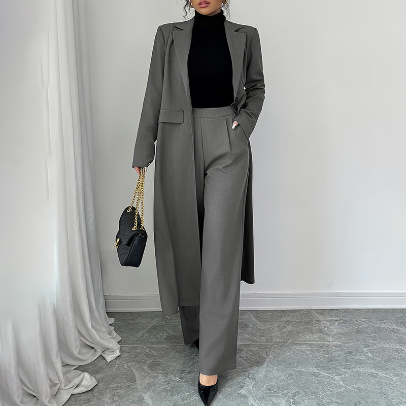 Women's 2 Piece Suit Set, Long Blazer Jacket And Straight Leg Pants, Business Formal Office Outfits