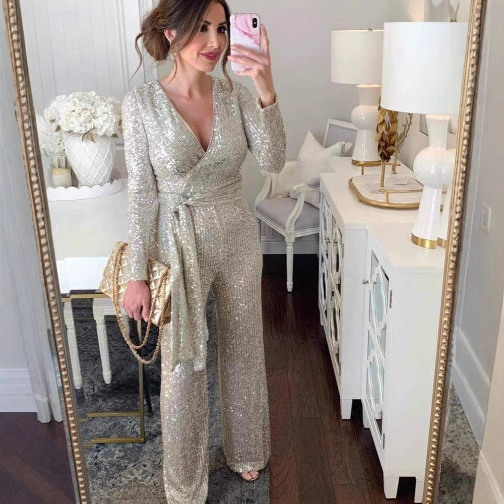 V-neck Long-Sleeve Sparkly Beaded Waist-Cinched Jumpsuit