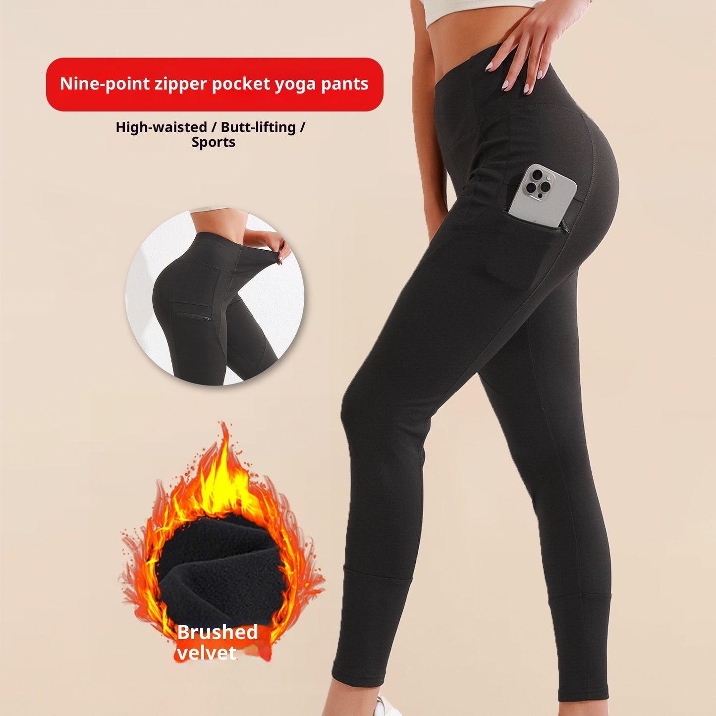 Elastic High Waist Leggings With Zipper Pocket
