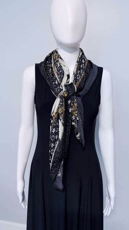 Black Flower Silk Feel Pleated Scarf With Rhinesto