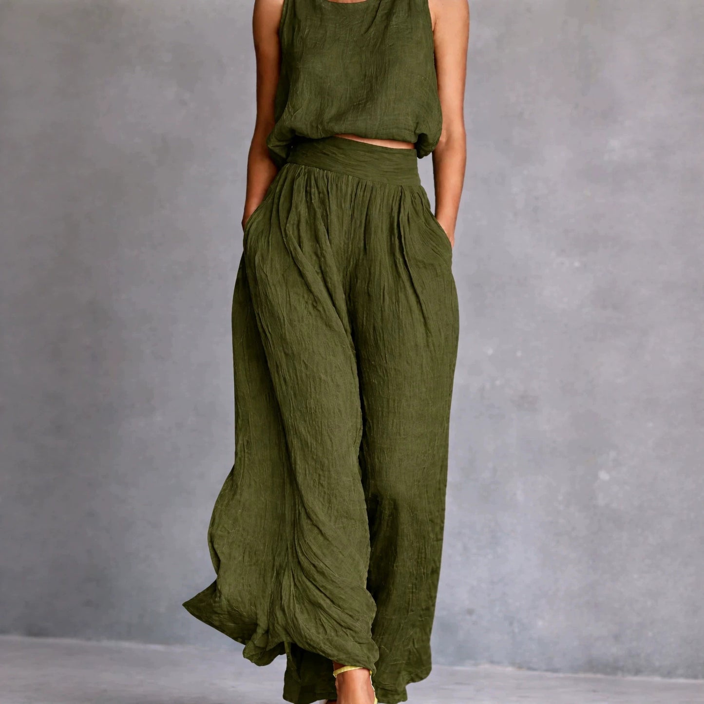 Sleeveless Loose Crew-Neck Top And Wide-Leg Pants Set