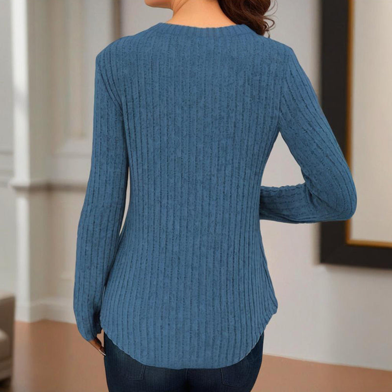 Women's Solid Color Button V-Neck Long Sleeve Knit Top - Casual Comfort Blouse For Spring&Fall