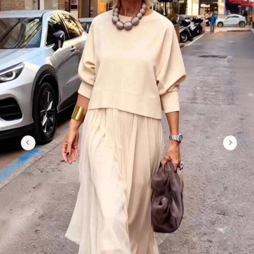 Solid-color Casual Knit Crew-neck Top And Mesh Slip Maxi Dress Two-piece Set