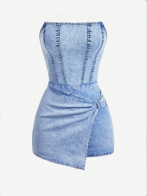 Tube-top Denim Jumpsuit Skirt