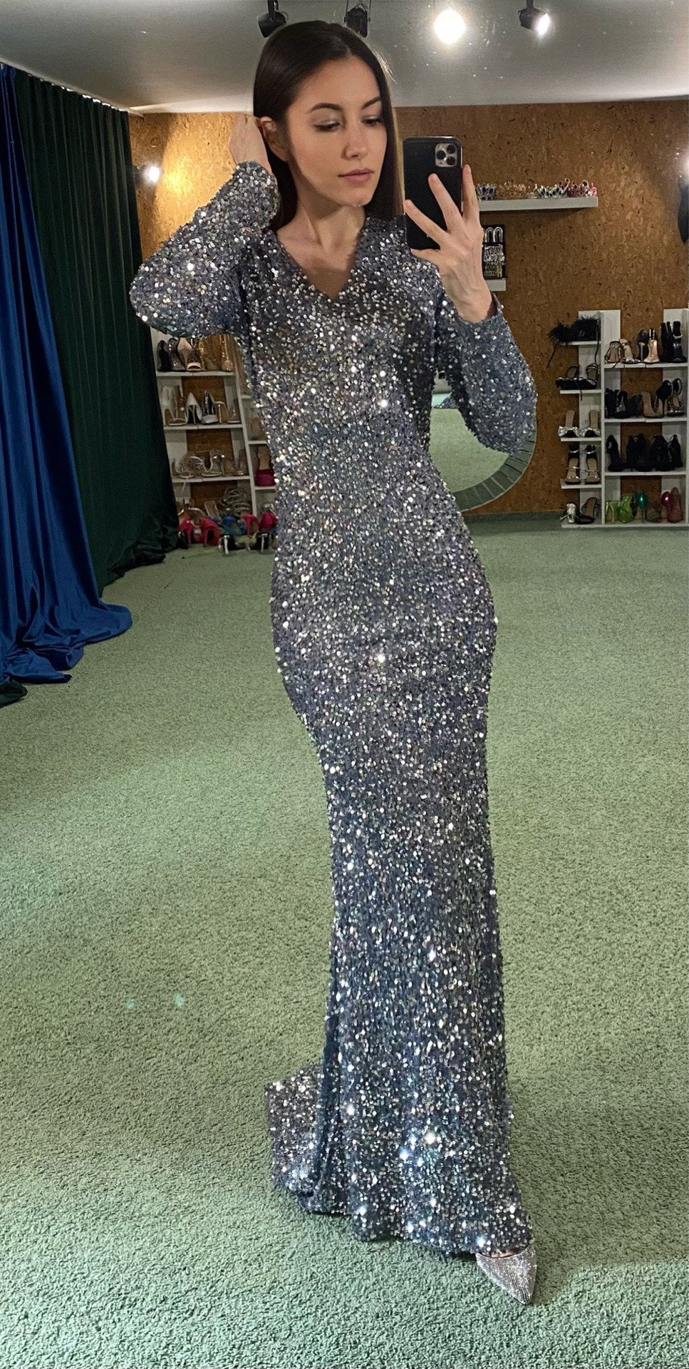 Long Sleeve Sequin Evening Dress