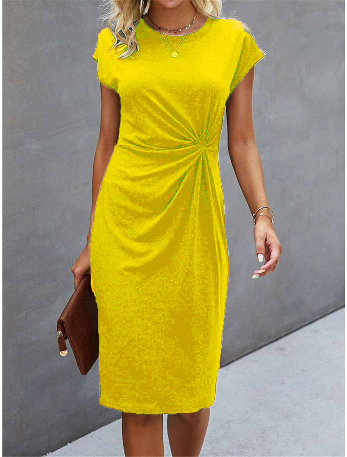 Casual Tight Front Knot Round Neck Mid-length Dress