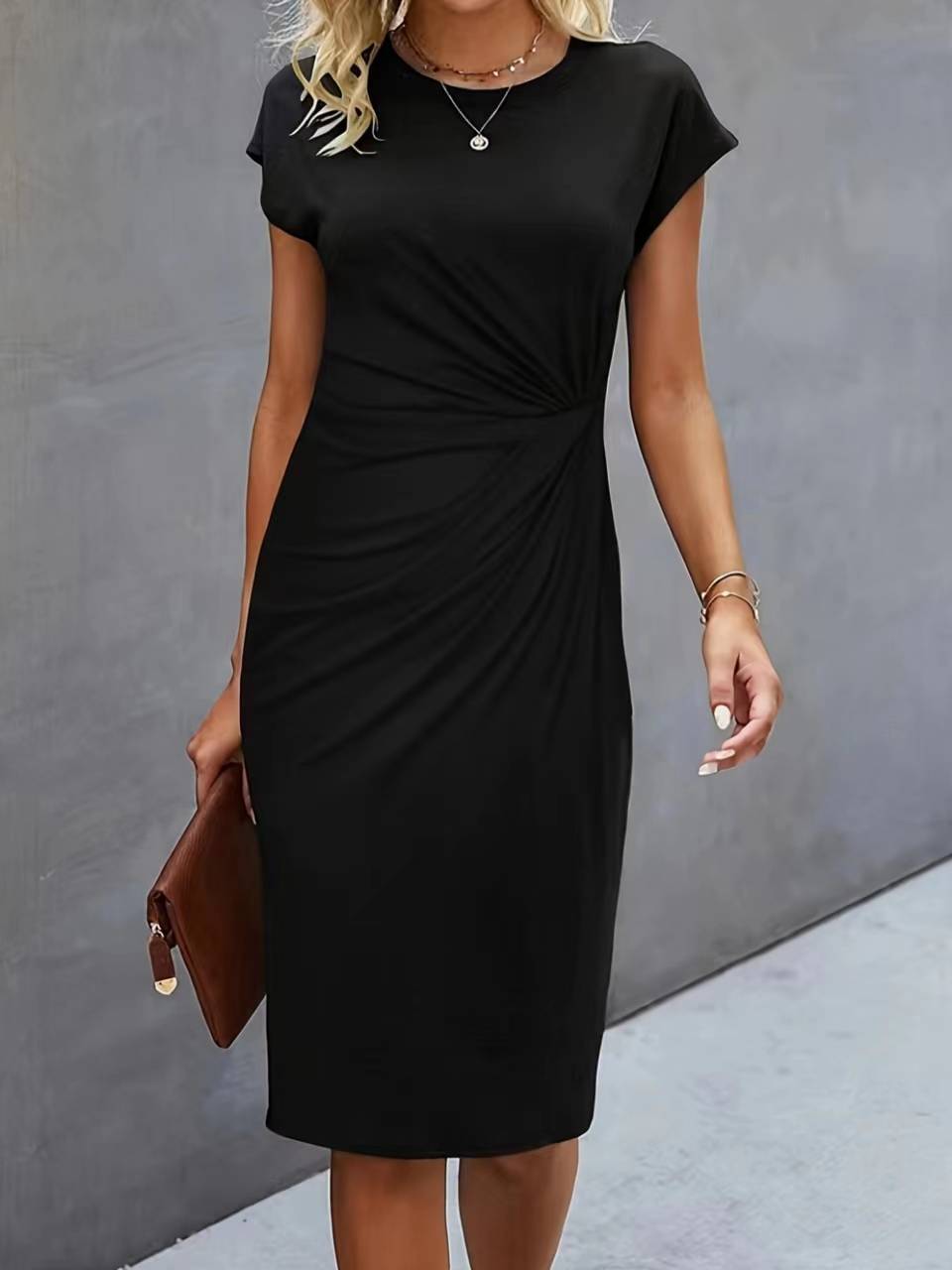 Casual Tight Front Knot Round Neck Mid-length Dress