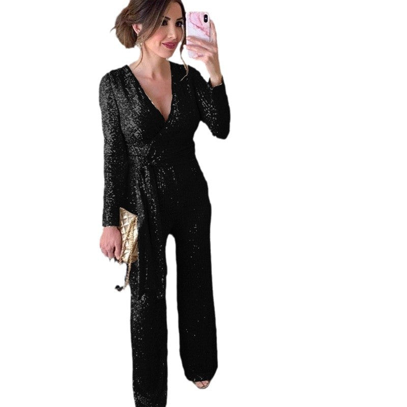 V-neck Long-Sleeve Sparkly Beaded Waist-Cinched Jumpsuit