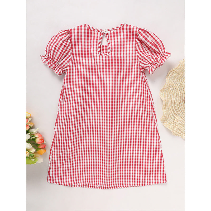 Toddler Kids Girls Back To School Dress Smocked Collar Puff Sleeve Plaid Embroidered Print Dress