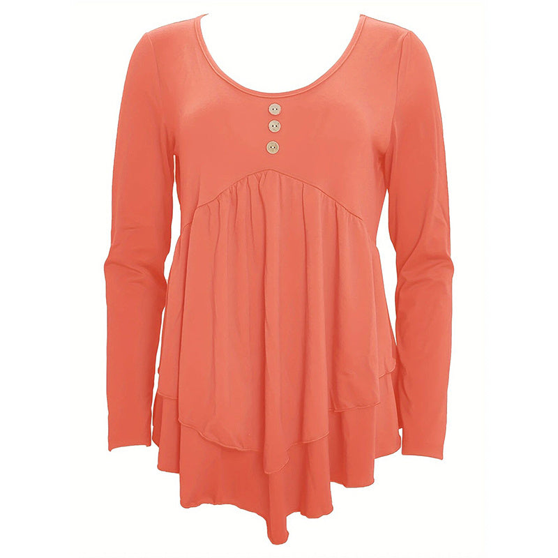 Womens Casual Long Sleeve T-Shirt Solid Color Round Neck Layered Button Front Tunic Tops