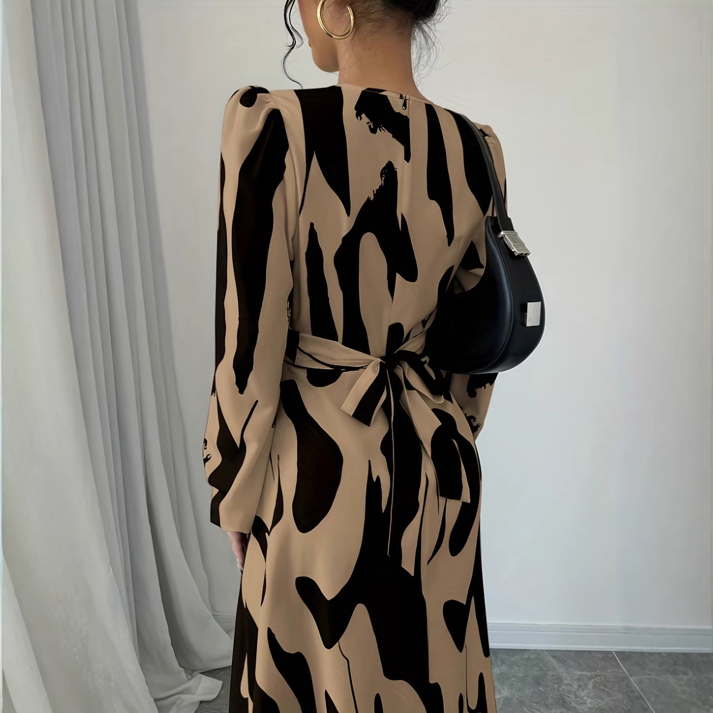 Asymmetrical Printed Tie Bow-Detailed Elastic-Cuff Casual Resort Maxi Dress